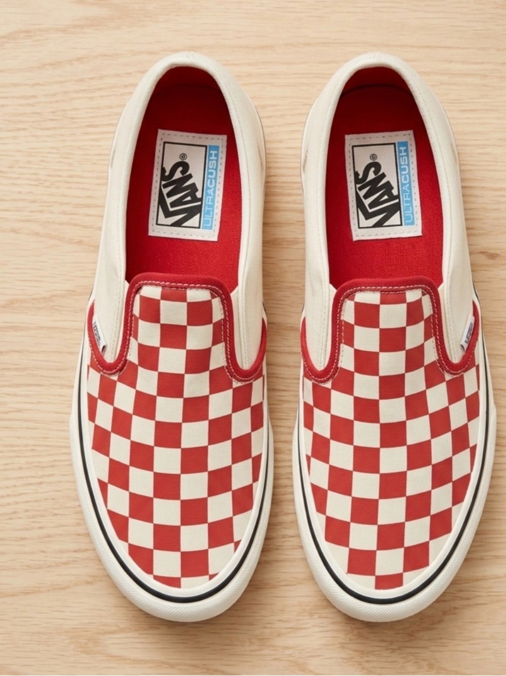 Vans Slip-On Checkerboard Loafers in Red and Cream